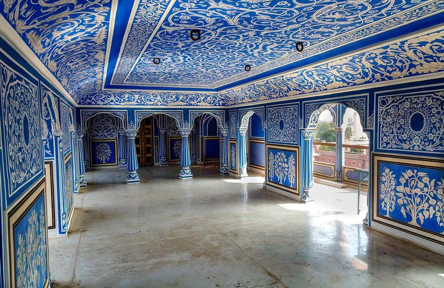 Blue-and-white painted hall inside Jaipur City Palace