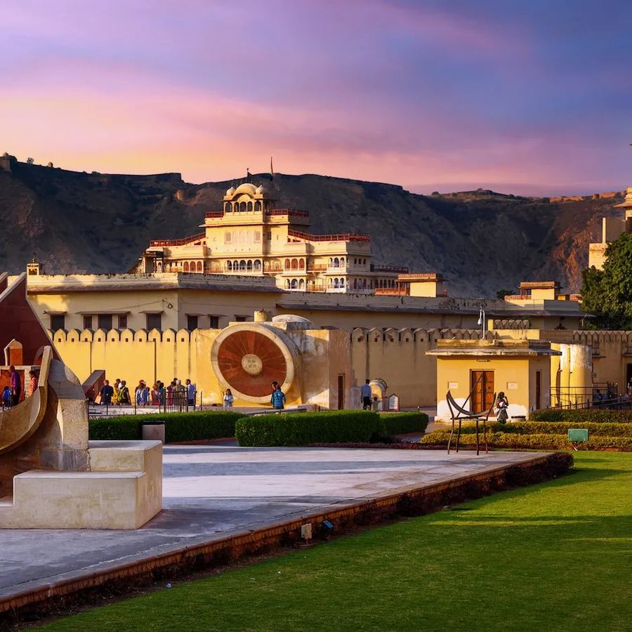Jantar Mantar astronomical instruments at sunset, Jaipur